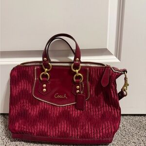 Coach Ashley Gathered Satin and Patent Leather Satchel in Bordeaux.